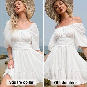 Exlura Tie Back Summer Ruffled Elegant White Off-Shoulder Dress